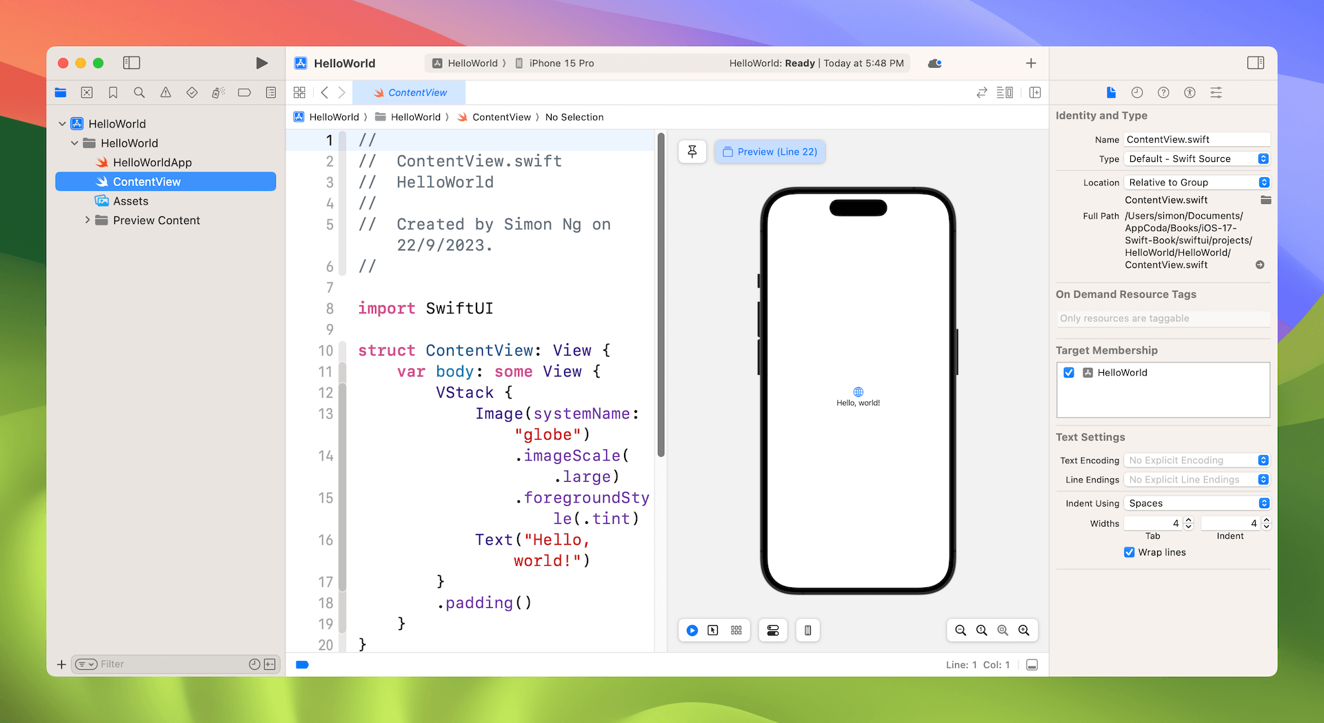 圖 3.5. Xcode 工作區的原始碼編輯器與預覽窗格